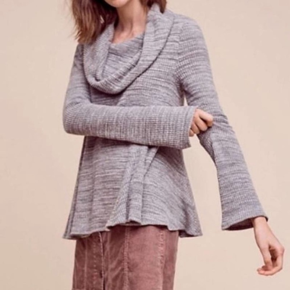 ANTHROPOLOGIE EUC Marled Grey Cowl Neck Sweater Top with Swing Hem Size Medium﻿ - Picture 2 of 12